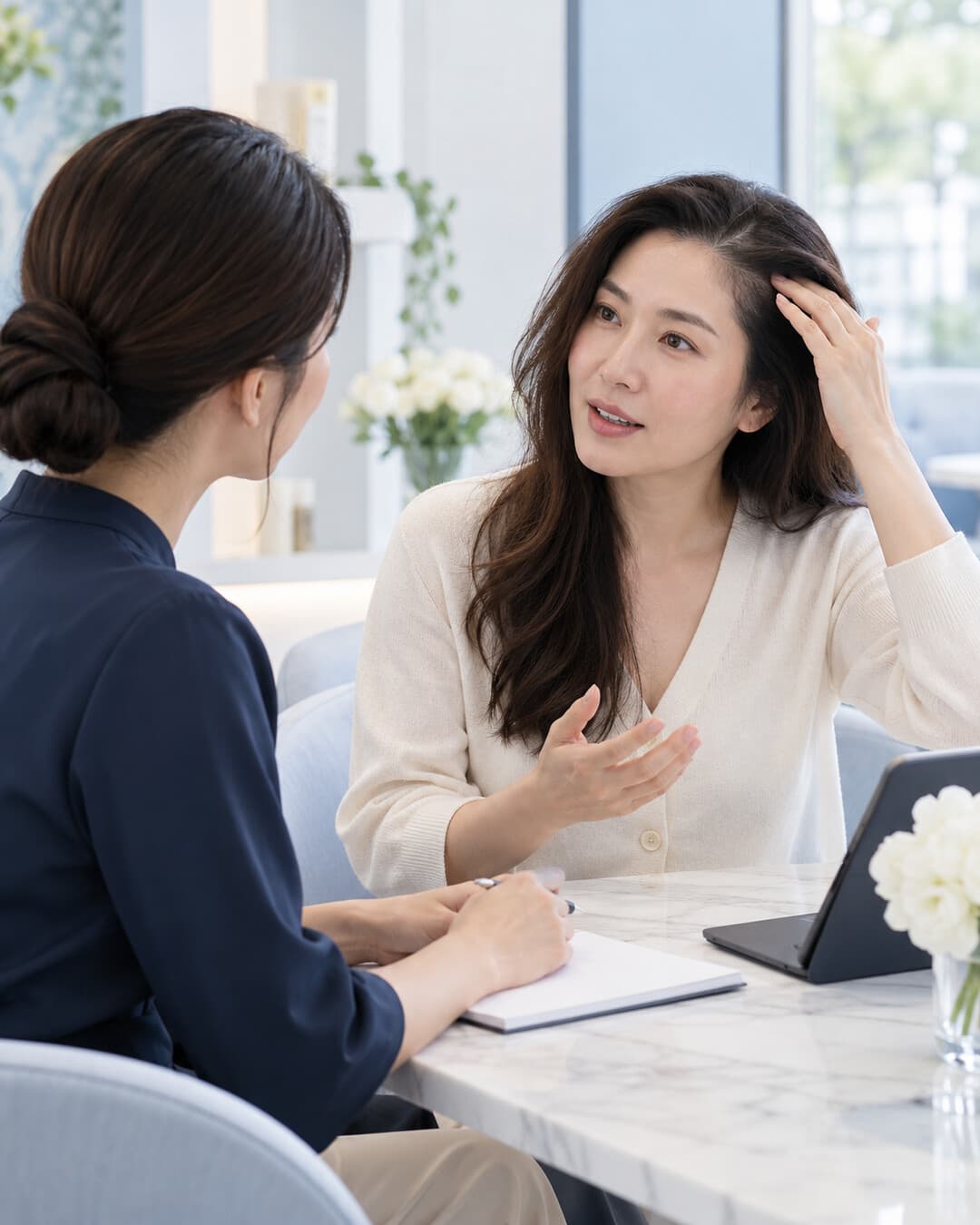 ภาพสรุปขั้นตอนและปัจจัยที่เกี่ยวข้องกับ ผมบางในผู้หญิงวัย 35–40 ปี เสี่ยงหัวล้านไหม และควรเช็กอะไร
