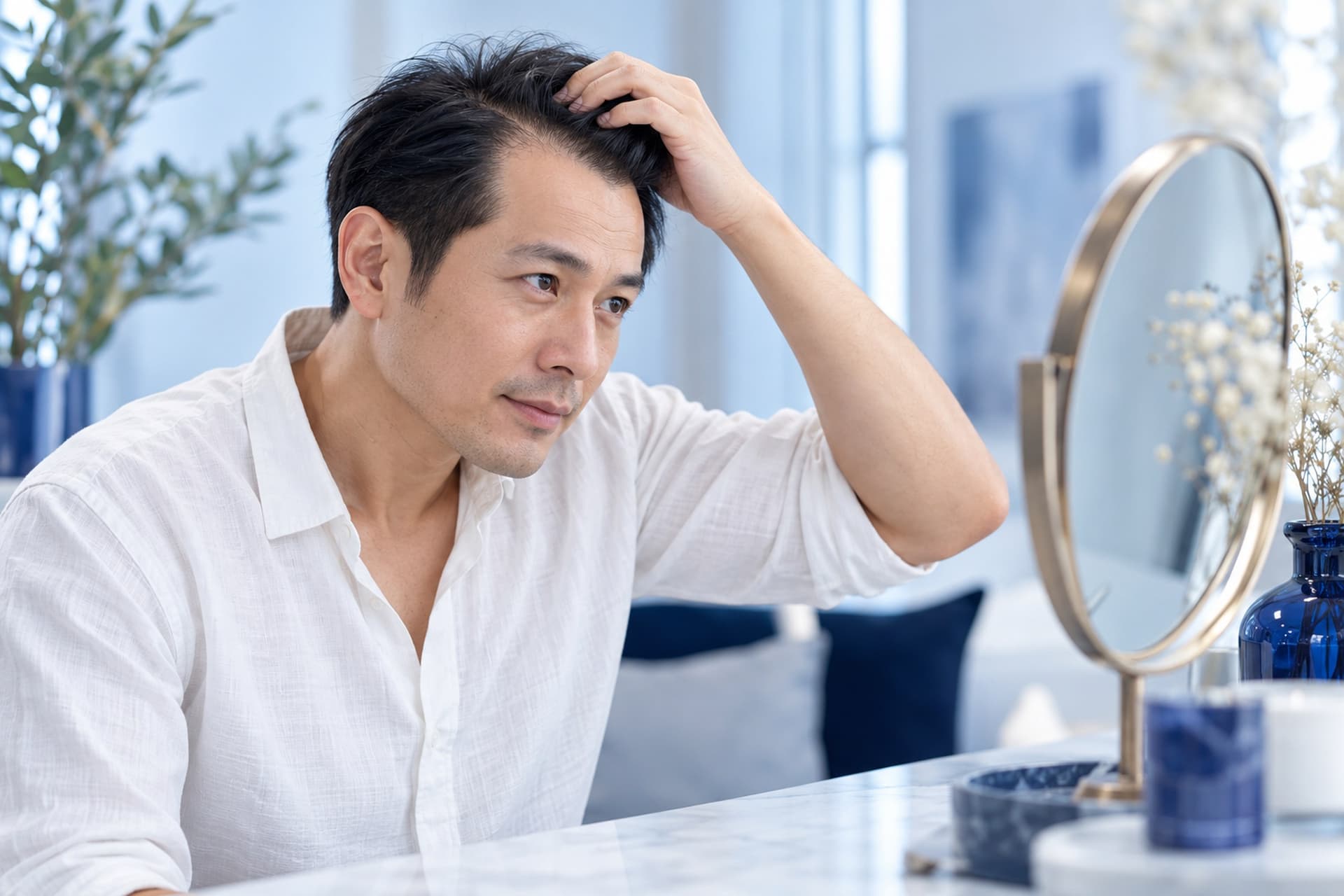 ผู้ชายตรวจดูแนวผมและบริเวณที่ผมบางก่อเข้ารับการประเมิน